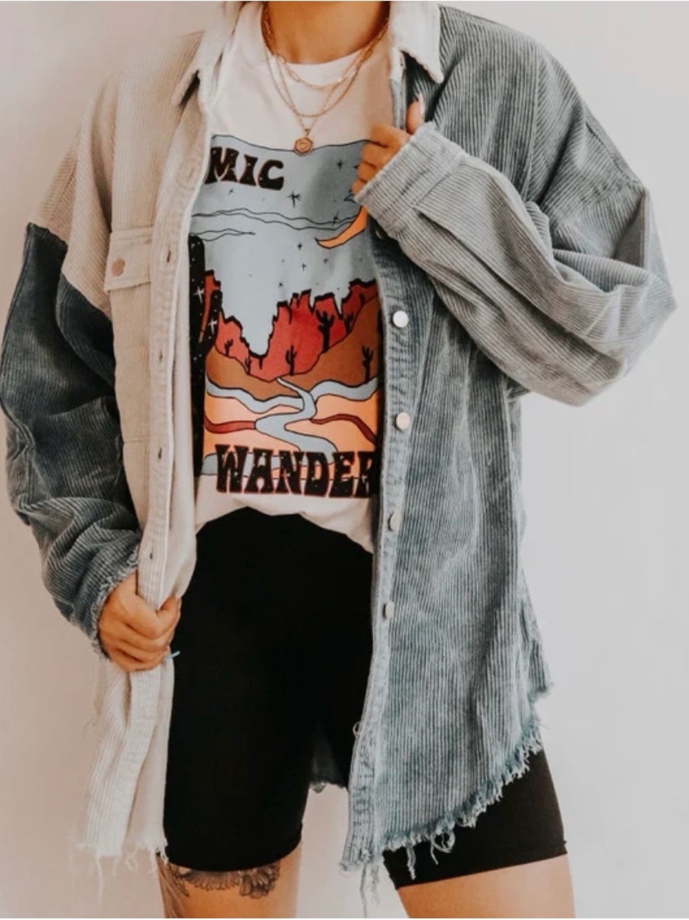 POL Colorblock Corduroy Oversized Shacket Blue Cream Star Patch S